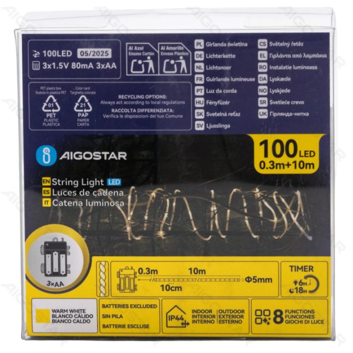 3AA battery -Φ5mm tube string lights, warm white, 10m ,IP44, Indoor&Outdoor