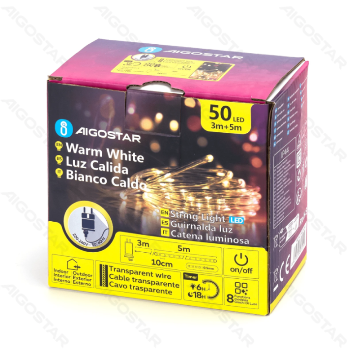 Žemos įtampos -Φ5mm vamzdinė girlianda, šiltai balta, 5m ,IP44, Vidaus&Lauko, Spalvota dėžutė