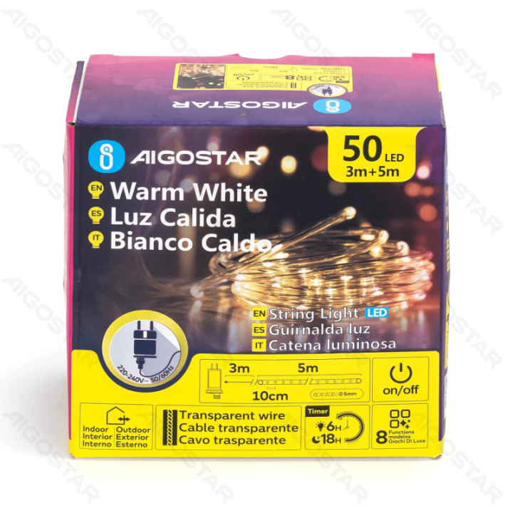 Žemos įtampos -Φ5mm vamzdinė girlianda, šiltai balta, 5m ,IP44, Vidaus&Lauko, Spalvota dėžutė