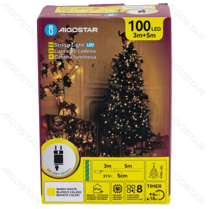 Žemos įtampos plokščios girliandos, šiltai baltos, 5m IP44, vidaus & lauko, spalvota dėžutė