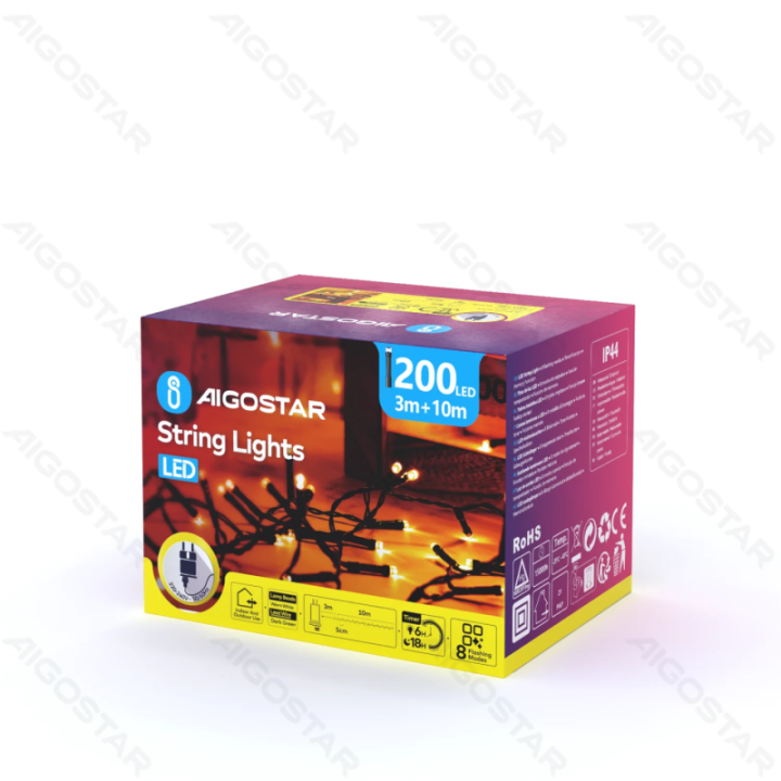 Žemos įtampos plokščios girliandos, šiltai baltos, 10m IP44, vidaus & lauko, spalvota dėžutė