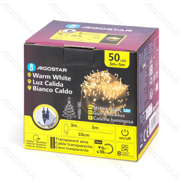 Žemos įtampos plokščios girliandos, šiltai baltos, 5m IP44, vidaus & lauko, spalvota dėžutė