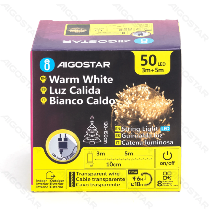 Žemos įtampos plokščios girliandos, šiltai baltos, 5m IP44, vidaus & lauko, spalvota dėžutė