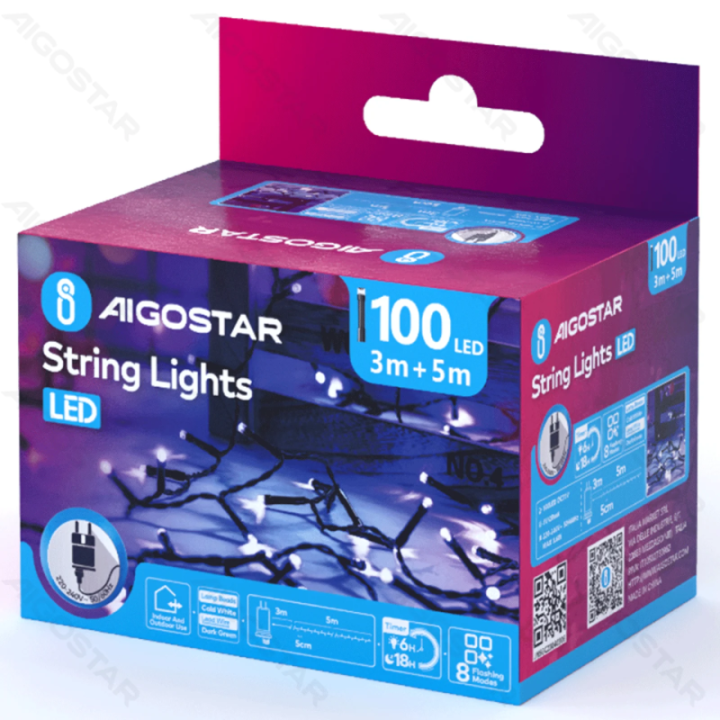 Žemos įtampos plokščios girliandos, šaltai baltos, 5m IP44, vidaus & lauko, spalvota dėžutė