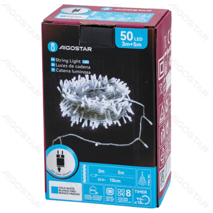 Žemos įtampos plokščios girliandos, šaltai baltos, 5m IP44, vidaus & lauko, spalvota dėžutė