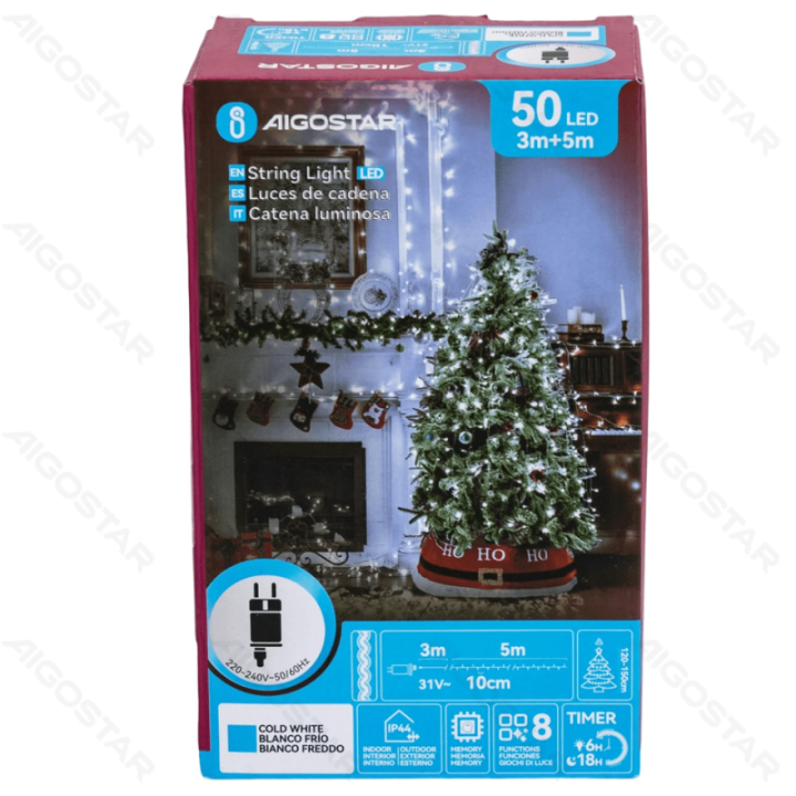 Žemos įtampos plokščios girliandos, šaltai baltos, 5m IP44, vidaus & lauko, spalvota dėžutė