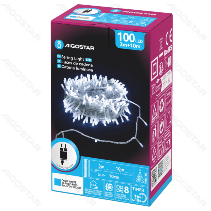 Žemos įtampos plokščios girliandos, šaltai baltos, 10m IP44, vidaus & lauko, spalvota dėžutė