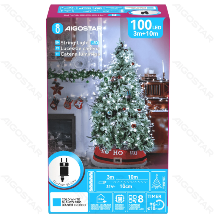 Žemos įtampos plokščios girliandos, šaltai baltos, 10m IP44, vidaus & lauko, spalvota dėžutė