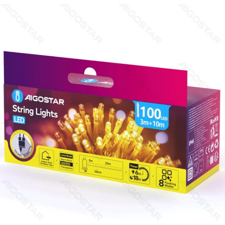 Žemos įtampos plokščios girliandos, šiltai baltos, 10m IP44, vidaus & lauko, spalvota dėžutė