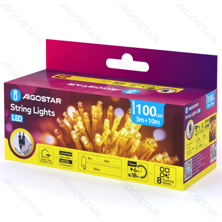 Žemos įtampos plokščios girliandos, šiltai baltos, 10m IP44, vidaus & lauko, spalvota dėžutė