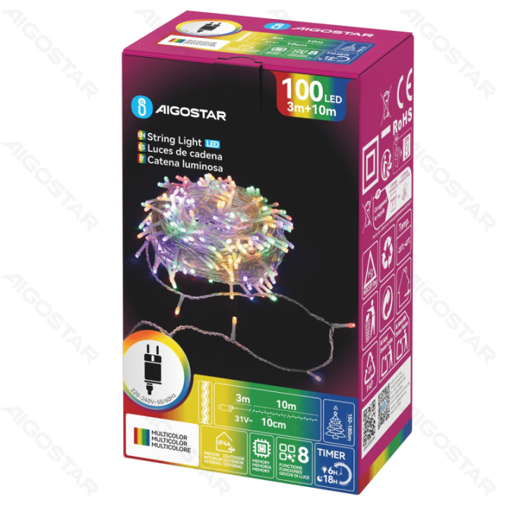 Žemos įtampos plokščios girliandos, RGBY, 10m IP44, vidaus & lauko, spalvota dėžutė