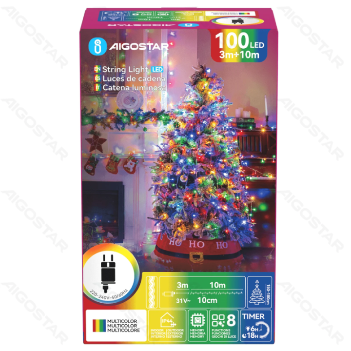 Žemos įtampos plokščios girliandos, RGBY, 10m IP44, vidaus & lauko, spalvota dėžutė