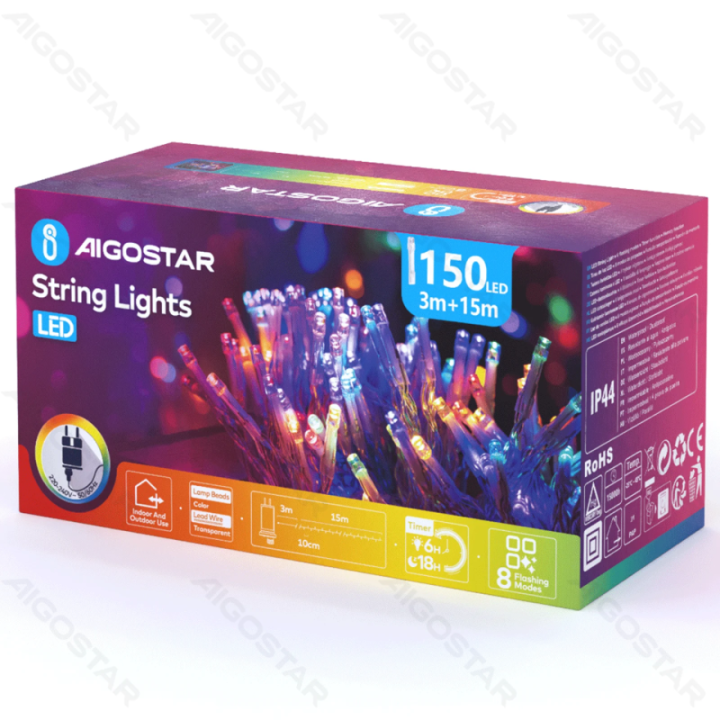 Žemos įtampos plokščios girliandos, RGBY, 15m IP44, vidaus & lauko, spalvota dėžutė