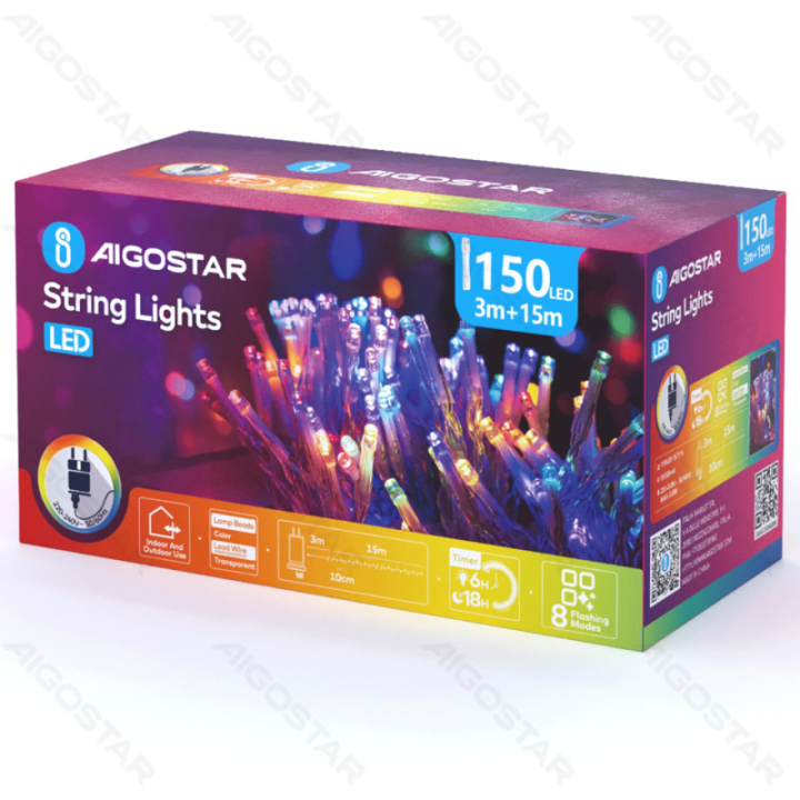 Žemos įtampos plokščios girliandos, RGBY, 15m IP44, vidaus & lauko, spalvota dėžutė