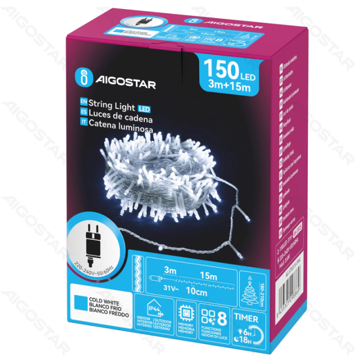 Žemos įtampos plokščios girliandos, šaltai baltos, 15m IP44, vidaus & lauko, spalvota dėžutė