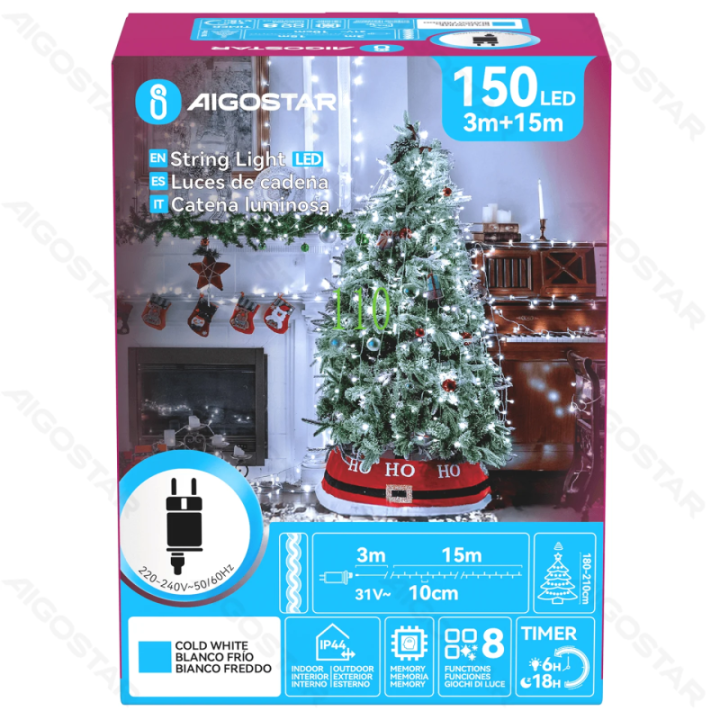 Žemos įtampos plokščios girliandos, šaltai baltos, 15m IP44, vidaus & lauko, spalvota dėžutė