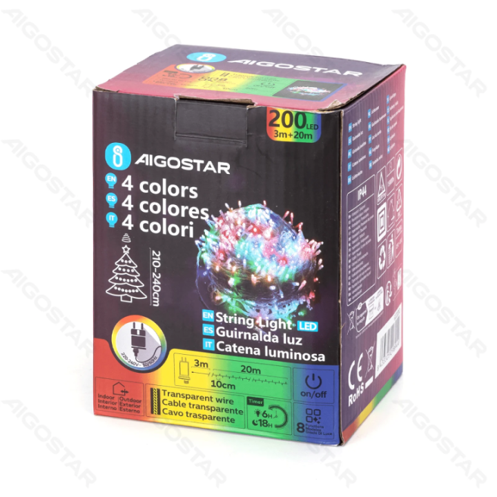 Žemos įtampos plokščios girliandos, RGBY, 20m IP44, vidaus & lauko, spalvota dėžutė