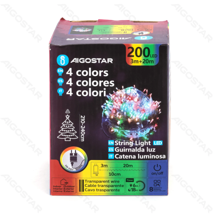 Žemos įtampos plokščios girliandos, RGBY, 20m IP44, vidaus & lauko, spalvota dėžutė