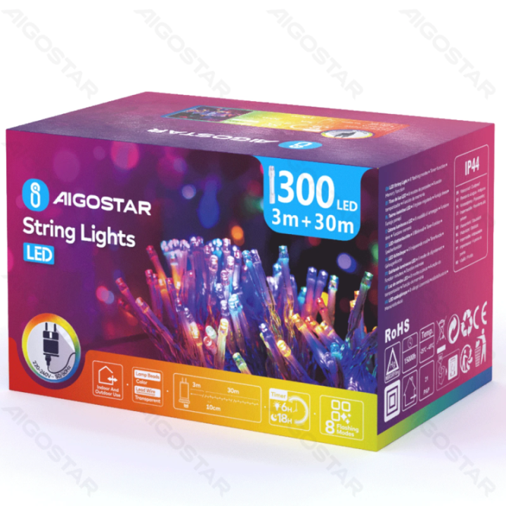 Žemos įtampos plokščios girliandos, RGBY, 30m IP44, vidaus & lauko, spalvota dėžutė