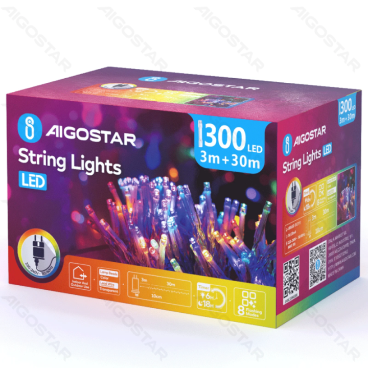 Žemos įtampos plokščios girliandos, RGBY, 30m IP44, vidaus & lauko, spalvota dėžutė