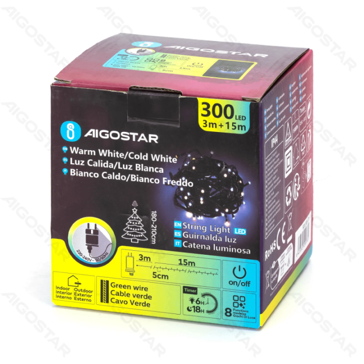 Žemos įtampos plokščios girliandos, šiltai balta–dienos balta, 15m, spalvota dėžutė