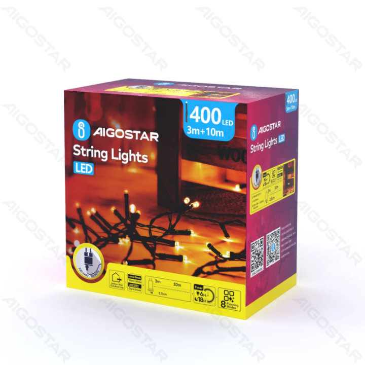 Žemos įtampos fejerverkų plokščios girliandos, šiltai balta, 10m, IP44, vidaus ir lauko, spalvota dėžutė