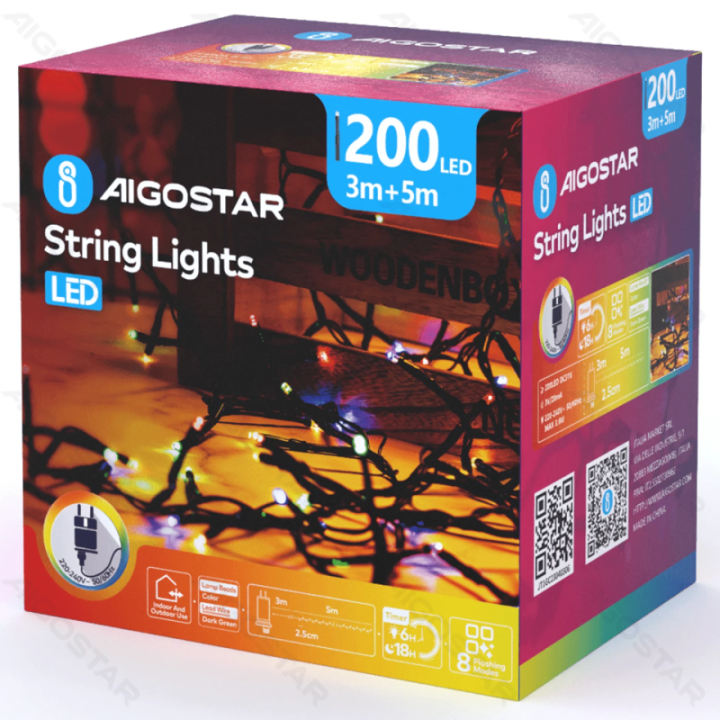 Žemos įtampos fejerverkų plokščios girliandos, RGBY, 5m, IP44, vidaus ir lauko, spalvota dėžutė