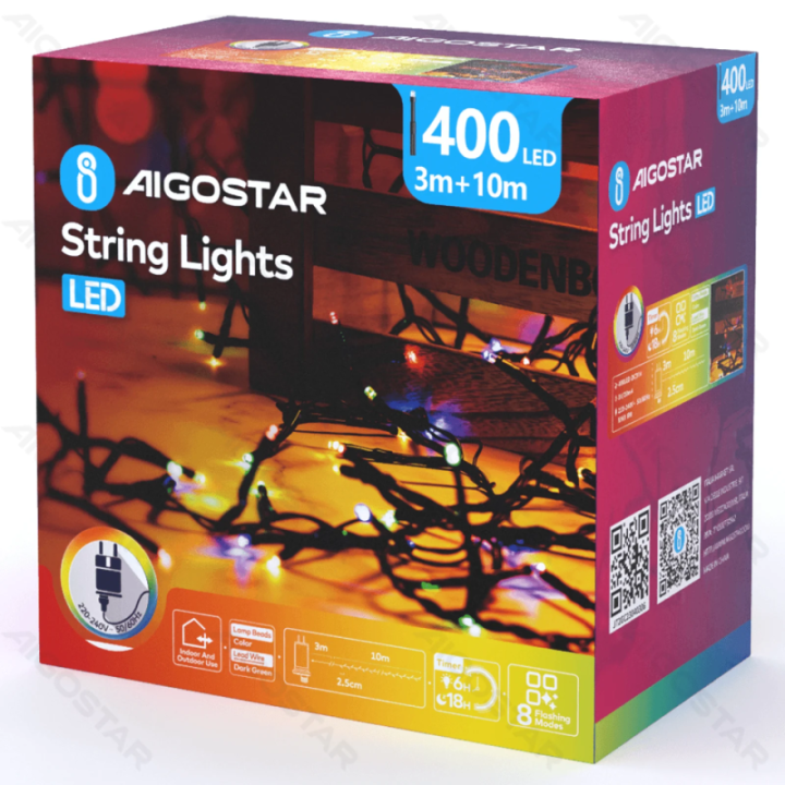 Žemos įtampos fejerverkų plokščios girliandos, RGBY, 10m, IP44, vidaus ir lauko, spalvota dėžutė