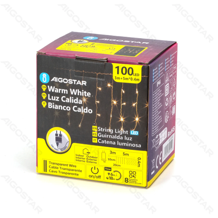 Žemos įtampos varveklio (plokščios) girliandos, šiltai balta, 5m*0.4m, IP44, vidaus ir lauko, 25 juostų, spalvota dėžutė