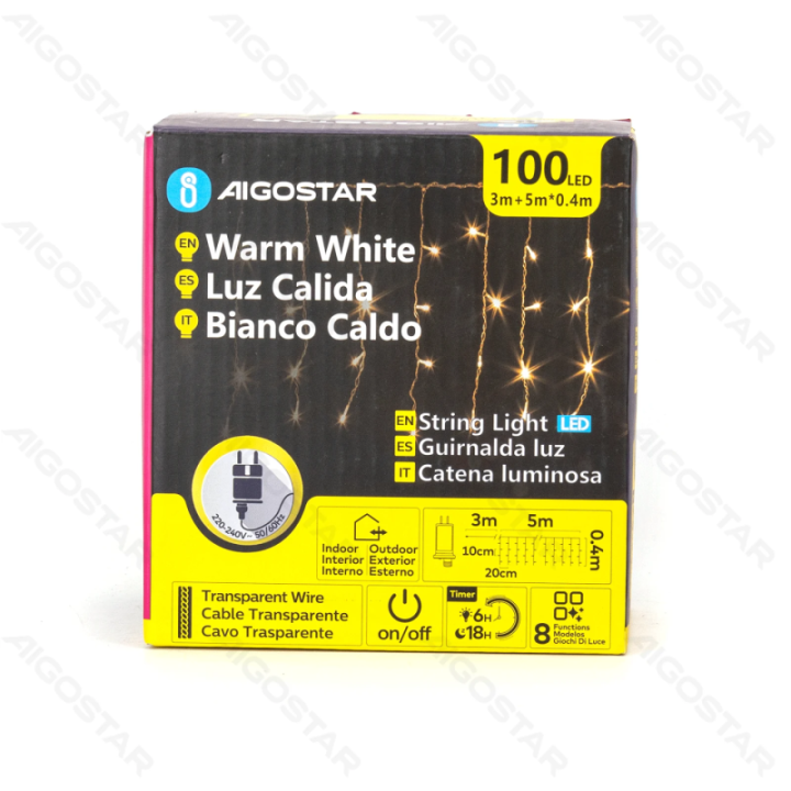 Žemos įtampos varveklio (plokščios) girliandos, šiltai balta, 5m*0.4m, IP44, vidaus ir lauko, 25 juostų, spalvota dėžutė