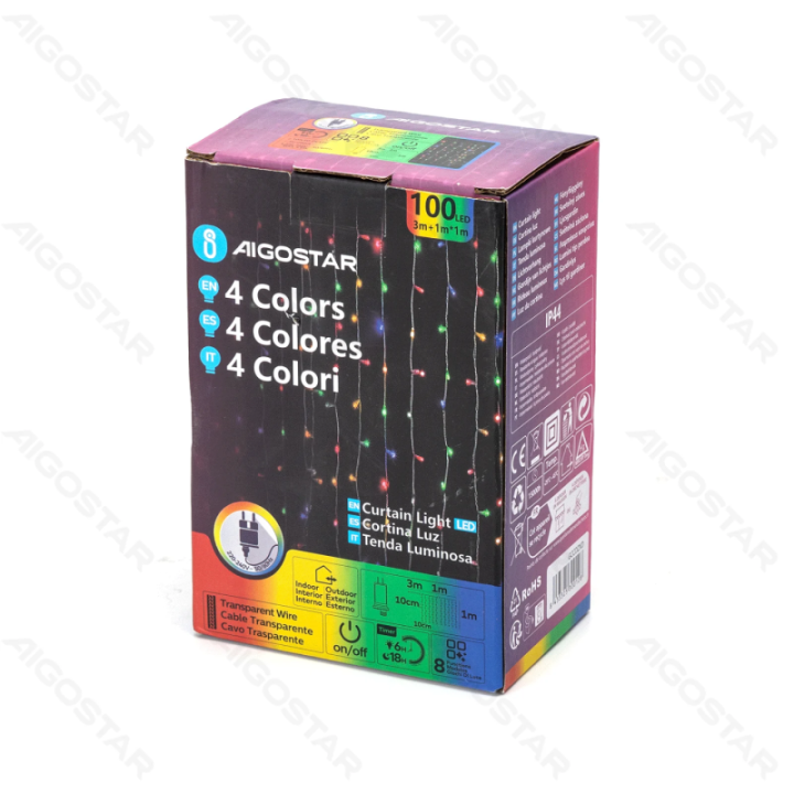 Žemos įtampos užuolaidinės (plokščios) girliandos, RGBY, 1m*1m, IP44, vidaus ir lauko, 10 juostų, spalvota dėžutė