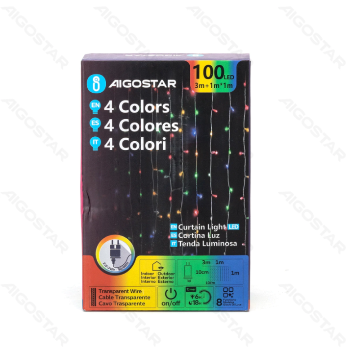 Žemos įtampos užuolaidinės (plokščios) girliandos, RGBY, 1m*1m, IP44, vidaus ir lauko, 10 juostų, spalvota dėžutė