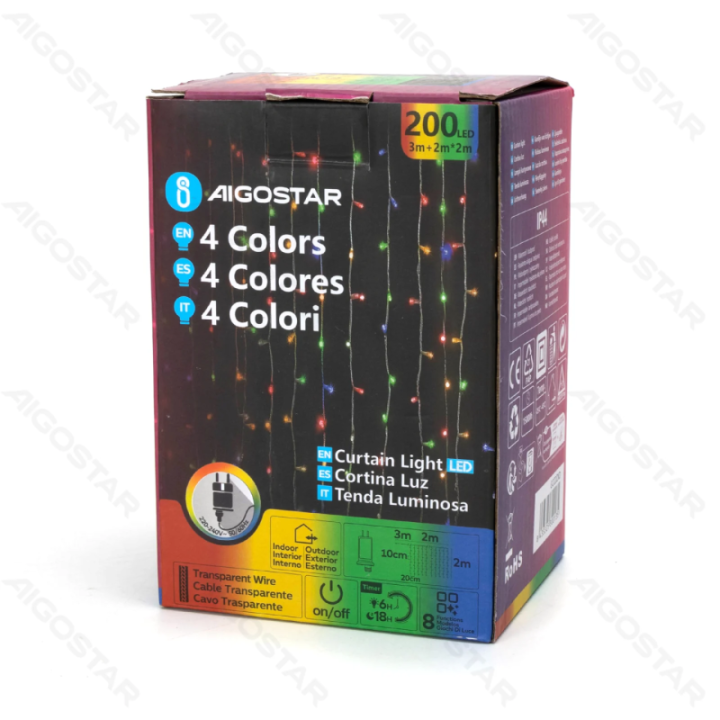 Žemos įtampos užuolaidinės (plokščios) girliandos, RGBY, 2m*2m, IP44, vidaus ir lauko, 10 juostų, spalvota dėžutė