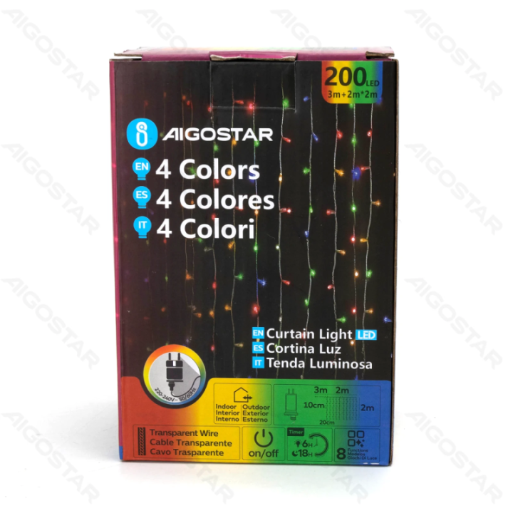 Žemos įtampos užuolaidinės (plokščios) girliandos, RGBY, 2m*2m, IP44, vidaus ir lauko, 10 juostų, spalvota dėžutė