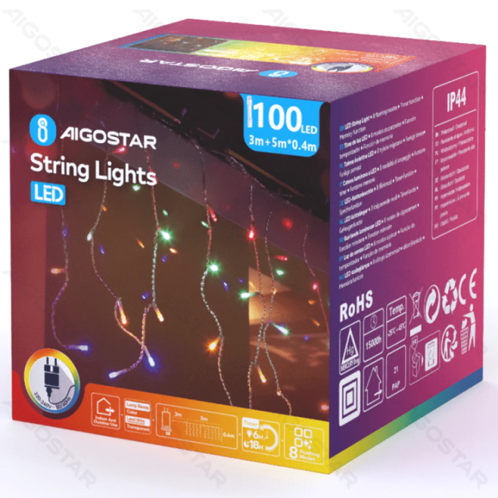 Žemos įtampos varveklio (plokščios) girliandos, RGBY, 5m*0.4m, IP44, vidaus ir lauko, 25 juostų, spalvota dėžutė