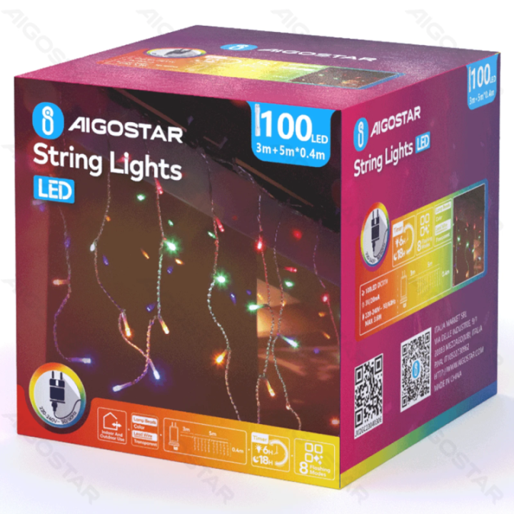 Žemos įtampos varveklio (plokščios) girliandos, RGBY, 5m*0.4m, IP44, vidaus ir lauko, 25 juostų, spalvota dėžutė