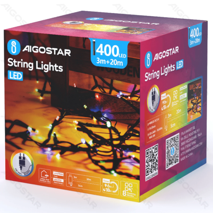 Žemos įtampos plokščios girliandos, RGBY, 20m IP44, vidaus ir lauko, spalvota dėžutė