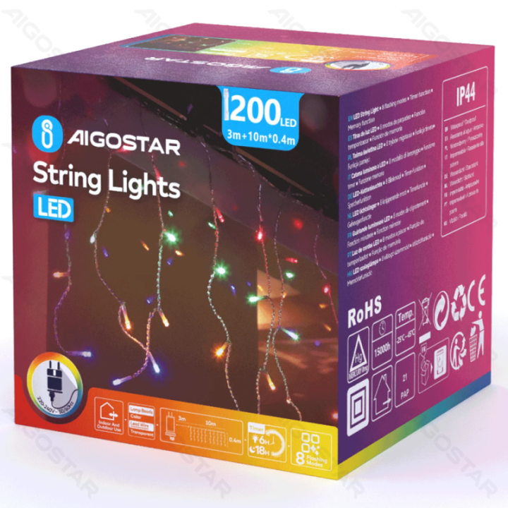 Žemos įtampos varveklio (plokščios) girliandos, RGBY, 10m*0.4m, IP44, vidaus ir lauko, 50 juostų, spalvota dėžutė