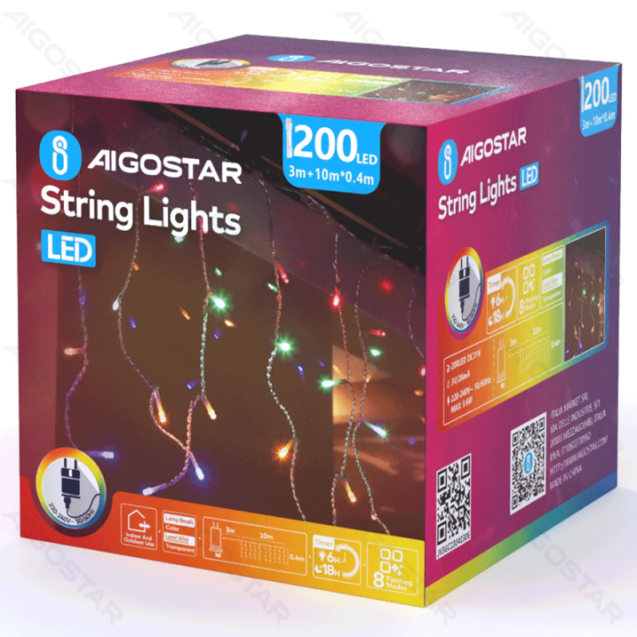 Žemos įtampos varveklio (plokščios) girliandos, RGBY, 10m*0.4m, IP44, vidaus ir lauko, 50 juostų, spalvota dėžutė