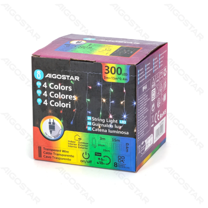 Žemos įtampos varveklio (plokščios) girliandos, RGBY, 15m*0.4m, IP44, vidaus ir lauko, 75 juostų, spalvota dėžutė