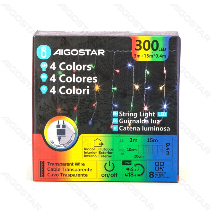 Žemos įtampos varveklio (plokščios) girliandos, RGBY, 15m*0.4m, IP44, vidaus ir lauko, 75 juostų, spalvota dėžutė