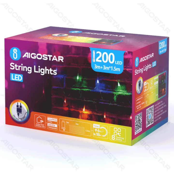 Žemos įtampos tinklinės plokščios girliandos, RGBY, 3m*1.5m, IP44, vidaus ir lauko, spalvota dėžutė