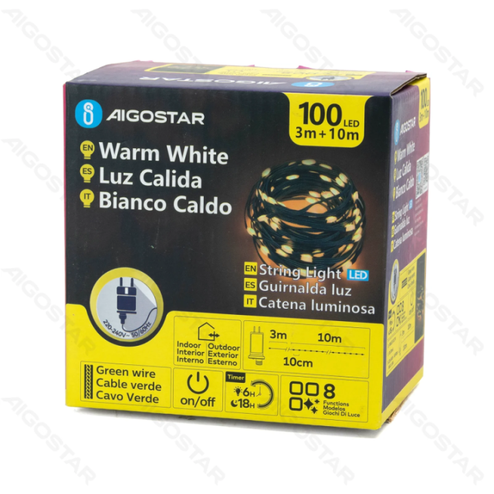 Žemos įtampos girliandos (PVC & varis), šiltai balta, 10m, IP44, vidaus ir lauko, spalvota dėžutė