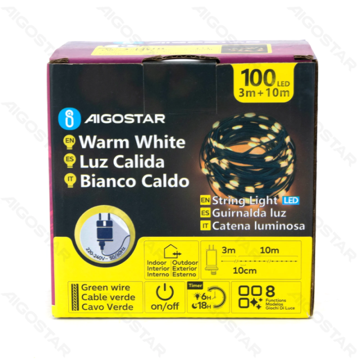 Žemos įtampos girliandos (PVC & varis), šiltai balta, 10m, IP44, vidaus ir lauko, spalvota dėžutė