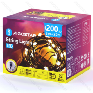 Low voltage string lights(PVC & copper), warm white, 20m ,IP44, Indoor&Outdoor, Color box