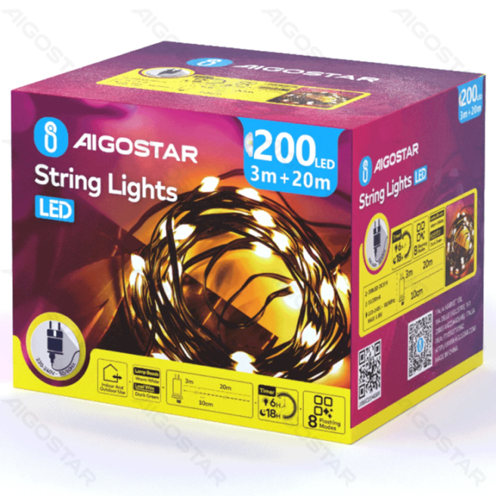 Žemos įtampos girliandos (PVC & varis), šiltai balta, 20m, IP44, vidaus ir lauko, spalvota dėžutė