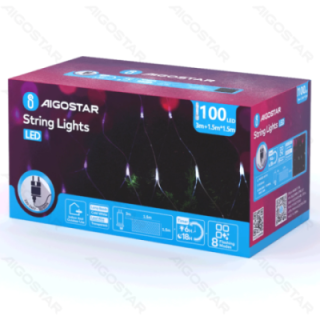 Žemos įtampos tinklinės plokščios girliandos, šaltai balta, 1.5m*1.5m, IP44, vidaus ir lauko, spalvota dėžutė