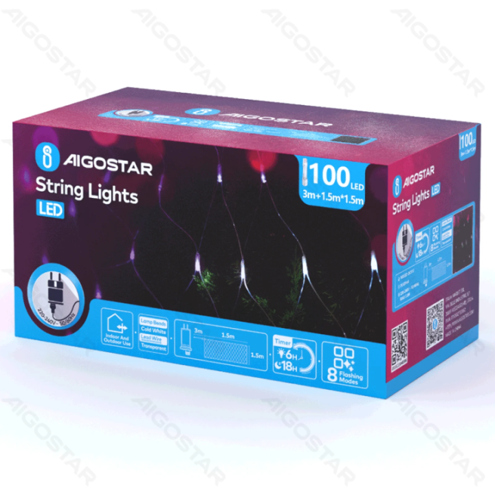 Žemos įtampos tinklinės plokščios girliandos, šaltai balta, 1.5m*1.5m, IP44, vidaus ir lauko, spalvota dėžutė